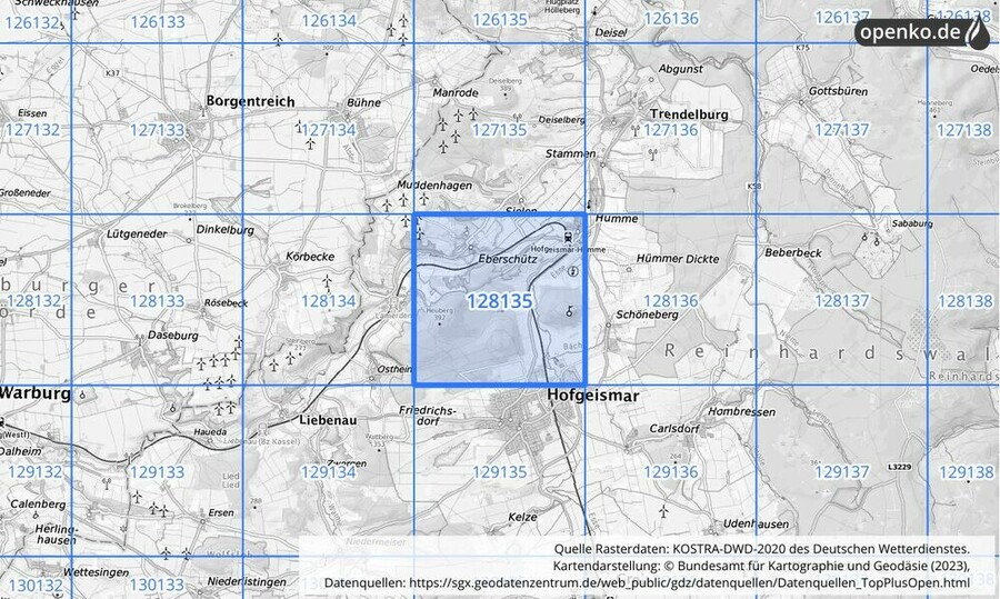 Übersichtskarte des KOSTRA-DWD-2020-Rasterfeldes Nr. 128135