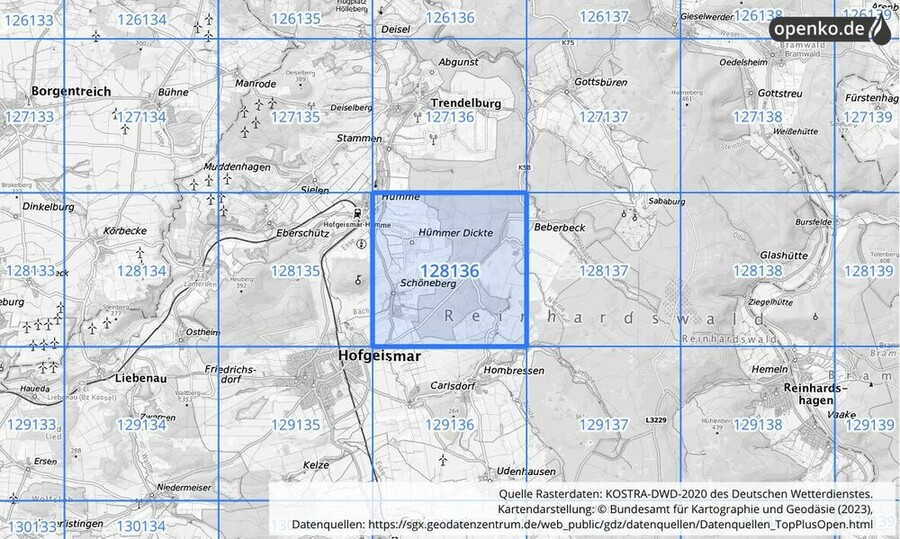 Übersichtskarte des KOSTRA-DWD-2020-Rasterfeldes Nr. 128136