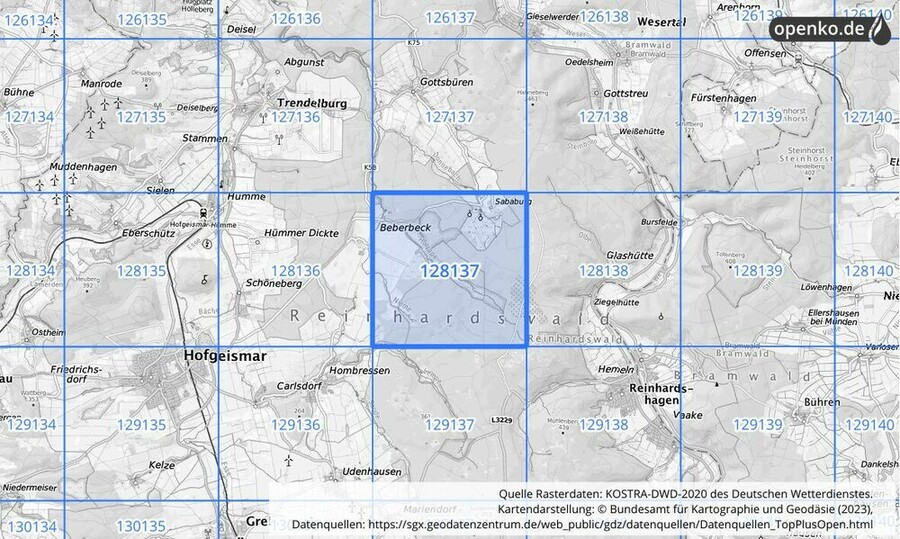 Übersichtskarte des KOSTRA-DWD-2020-Rasterfeldes Nr. 128137