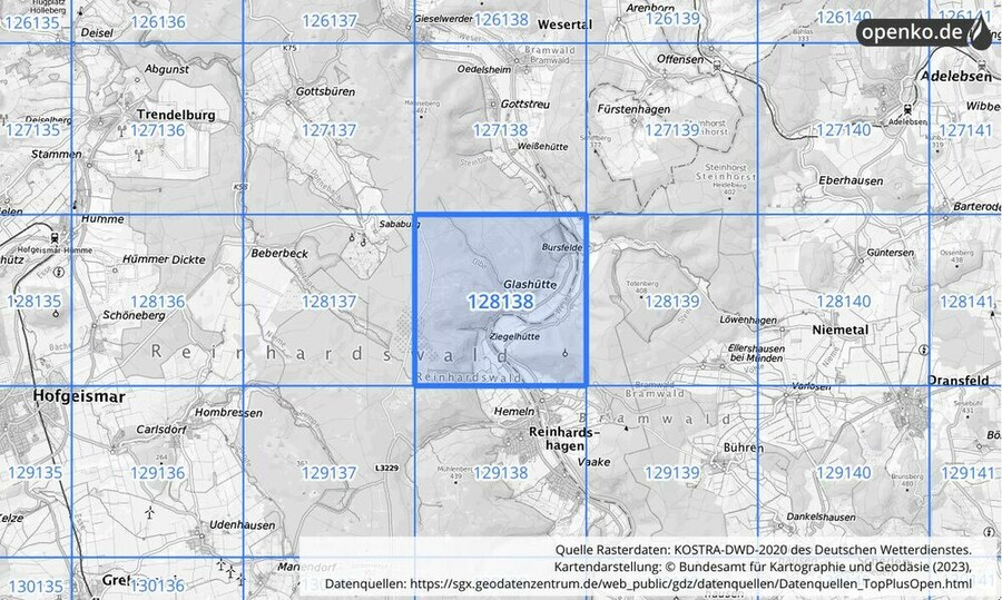 Übersichtskarte des KOSTRA-DWD-2020-Rasterfeldes Nr. 128138