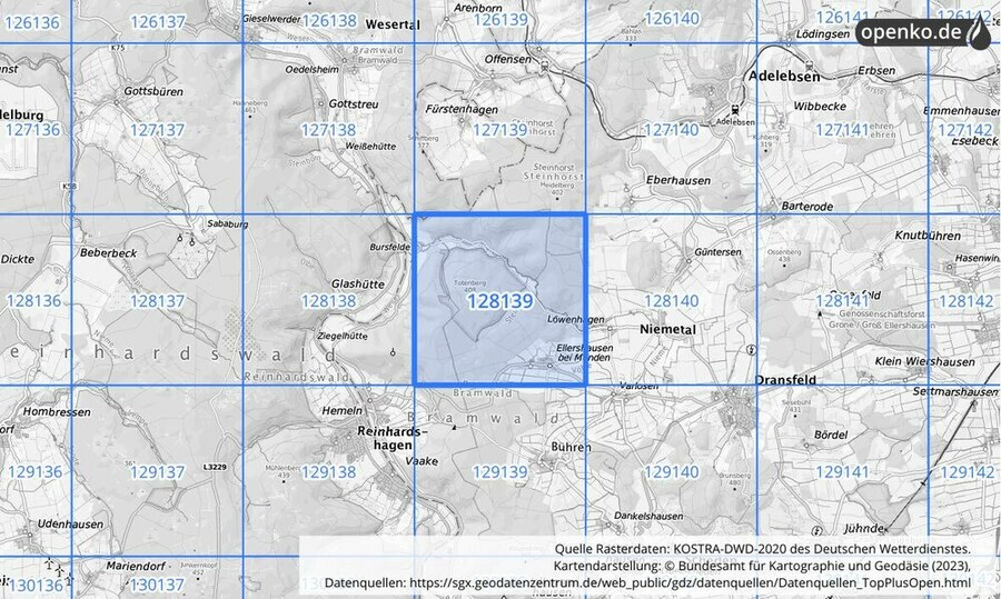 Übersichtskarte des KOSTRA-DWD-2020-Rasterfeldes Nr. 128139