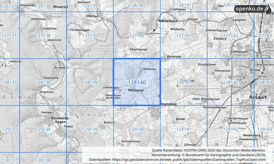 Übersichtskarte des KOSTRA-DWD-2020-Rasterfeldes Nr. 128140