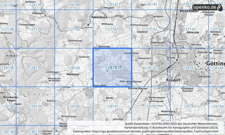 Übersichtskarte des KOSTRA-DWD-2020-Rasterfeldes Nr. 128141