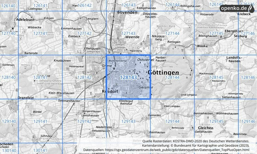 Übersichtskarte des KOSTRA-DWD-2020-Rasterfeldes Nr. 128143