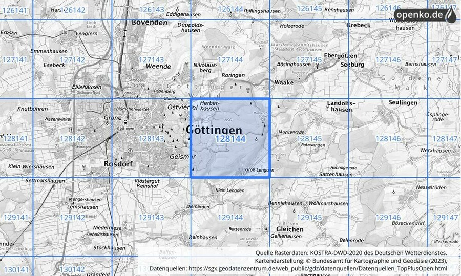 Übersichtskarte des KOSTRA-DWD-2020-Rasterfeldes Nr. 128144