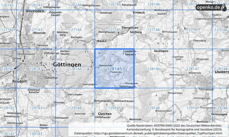 Übersichtskarte des KOSTRA-DWD-2020-Rasterfeldes Nr. 128145