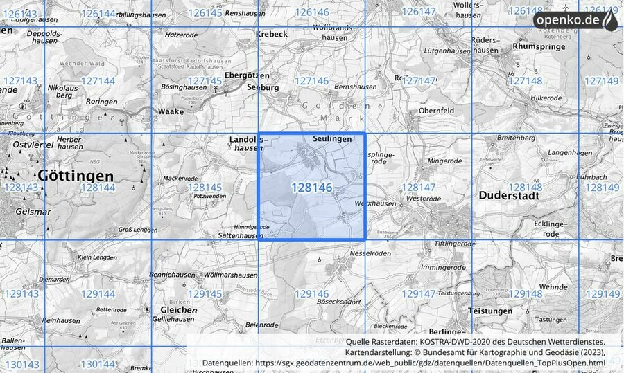 Übersichtskarte des KOSTRA-DWD-2020-Rasterfeldes Nr. 128146