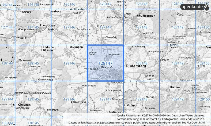 Übersichtskarte des KOSTRA-DWD-2020-Rasterfeldes Nr. 128147