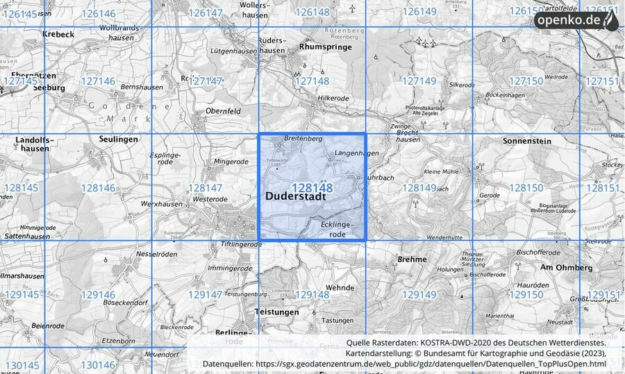 Übersichtskarte des KOSTRA-DWD-2020-Rasterfeldes Nr. 128148