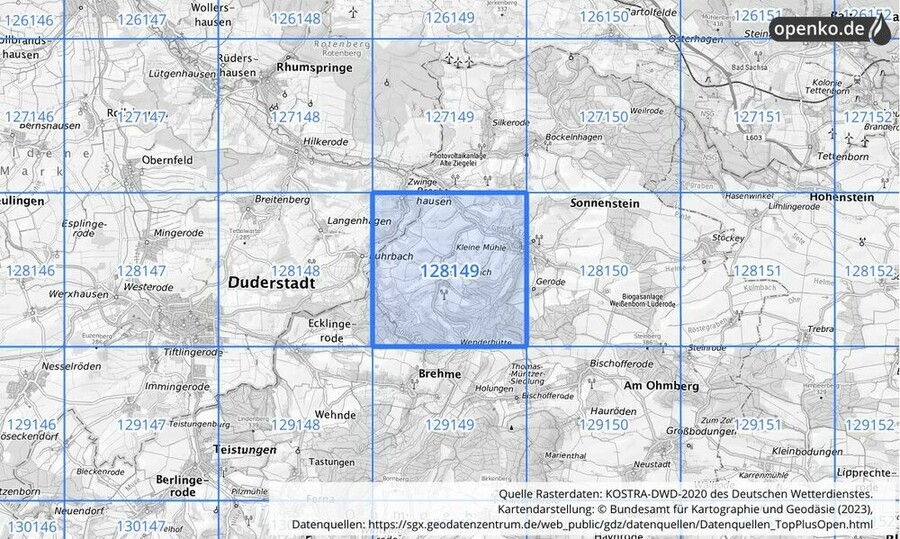 Übersichtskarte des KOSTRA-DWD-2020-Rasterfeldes Nr. 128149