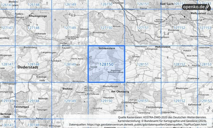 Übersichtskarte des KOSTRA-DWD-2020-Rasterfeldes Nr. 128150