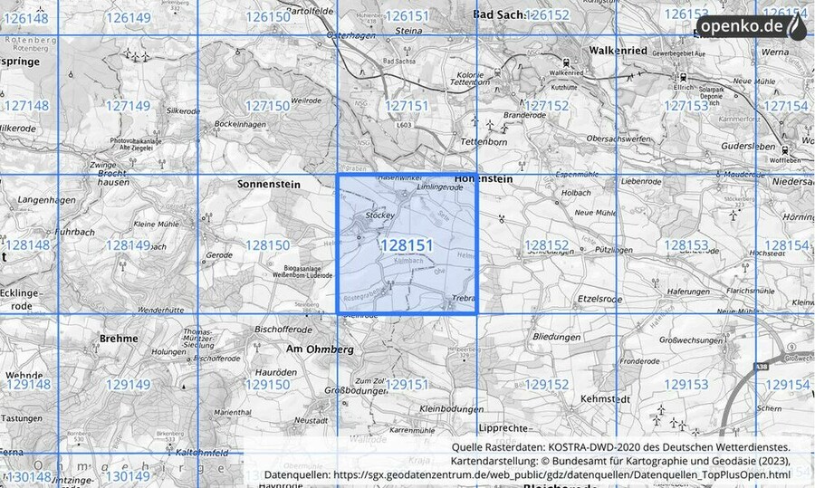 Übersichtskarte des KOSTRA-DWD-2020-Rasterfeldes Nr. 128151