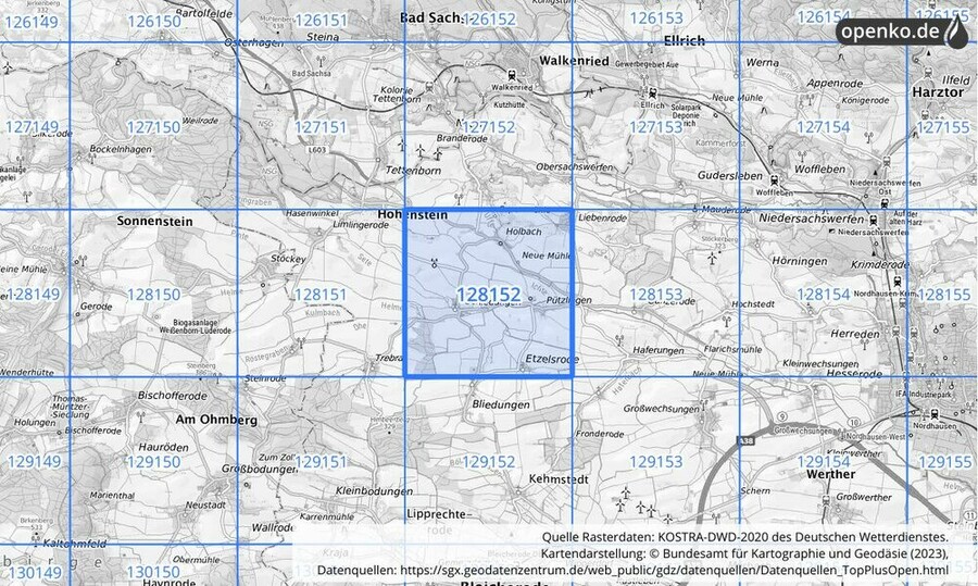 Übersichtskarte des KOSTRA-DWD-2020-Rasterfeldes Nr. 128152