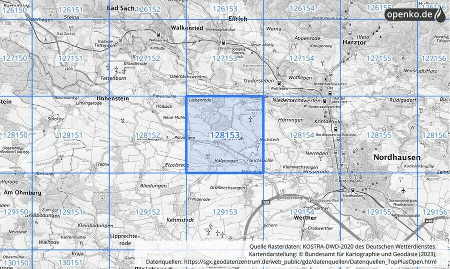 Übersichtskarte des KOSTRA-DWD-2020-Rasterfeldes Nr. 128153