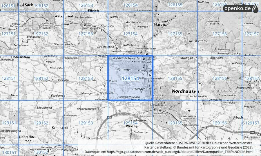 Übersichtskarte des KOSTRA-DWD-2020-Rasterfeldes Nr. 128154