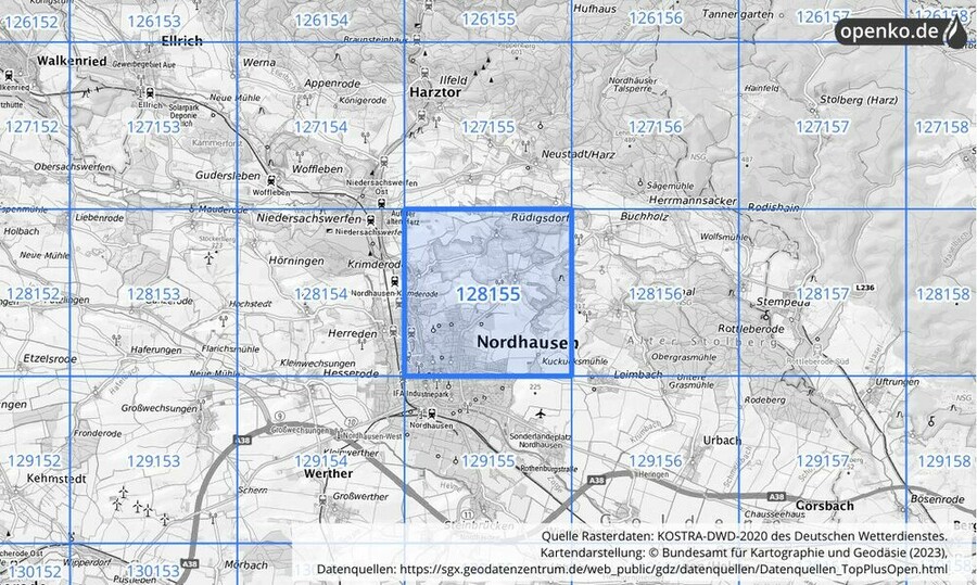 Übersichtskarte des KOSTRA-DWD-2020-Rasterfeldes Nr. 128155