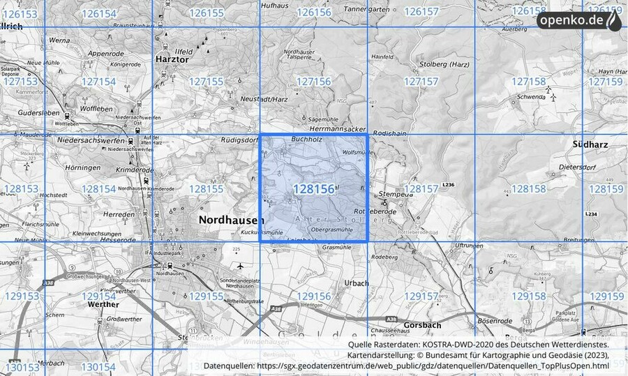 Übersichtskarte des KOSTRA-DWD-2020-Rasterfeldes Nr. 128156