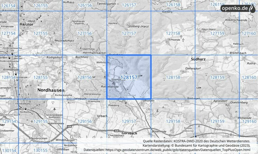 Übersichtskarte des KOSTRA-DWD-2020-Rasterfeldes Nr. 128157