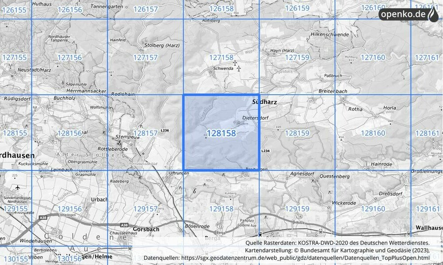 Übersichtskarte des KOSTRA-DWD-2020-Rasterfeldes Nr. 128158