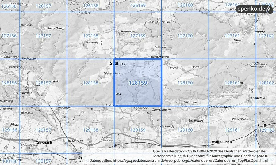 Übersichtskarte des KOSTRA-DWD-2020-Rasterfeldes Nr. 128159