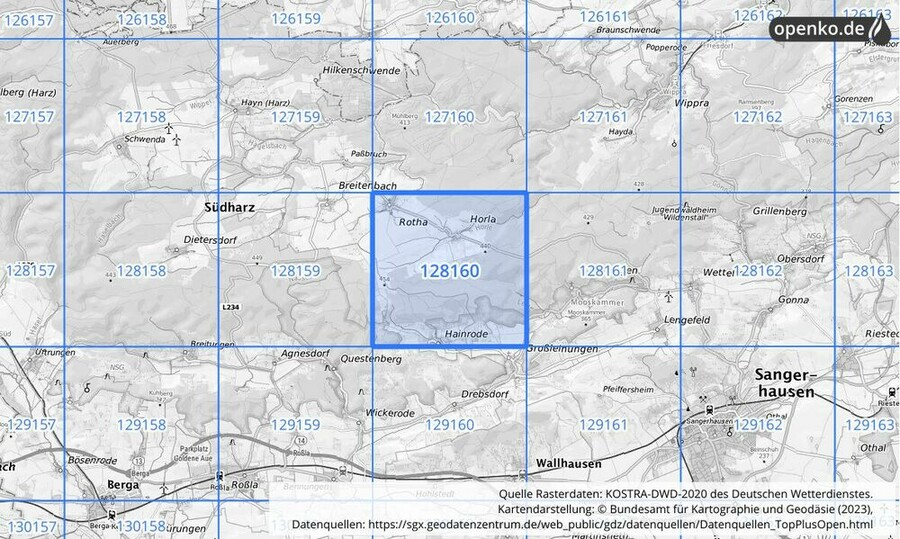 Übersichtskarte des KOSTRA-DWD-2020-Rasterfeldes Nr. 128160