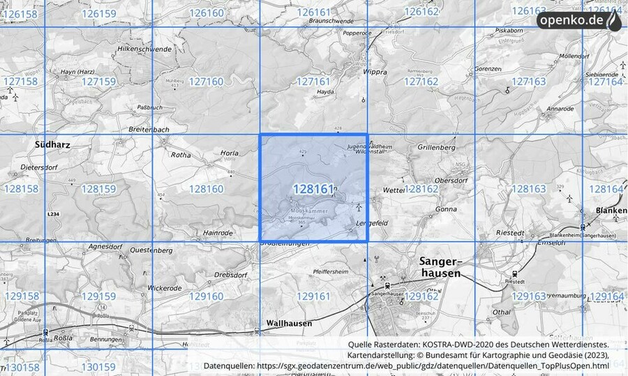 Übersichtskarte des KOSTRA-DWD-2020-Rasterfeldes Nr. 128161