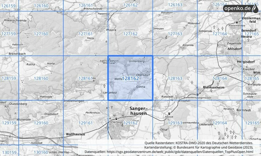 Übersichtskarte des KOSTRA-DWD-2020-Rasterfeldes Nr. 128162