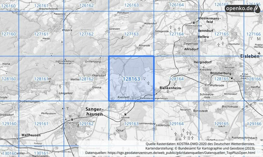 Übersichtskarte des KOSTRA-DWD-2020-Rasterfeldes Nr. 128163