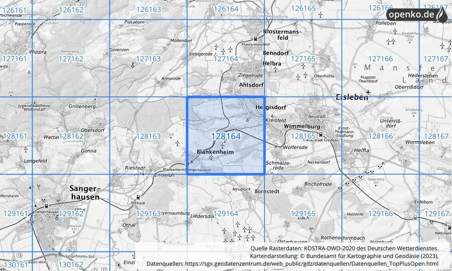 Übersichtskarte des KOSTRA-DWD-2020-Rasterfeldes Nr. 128164