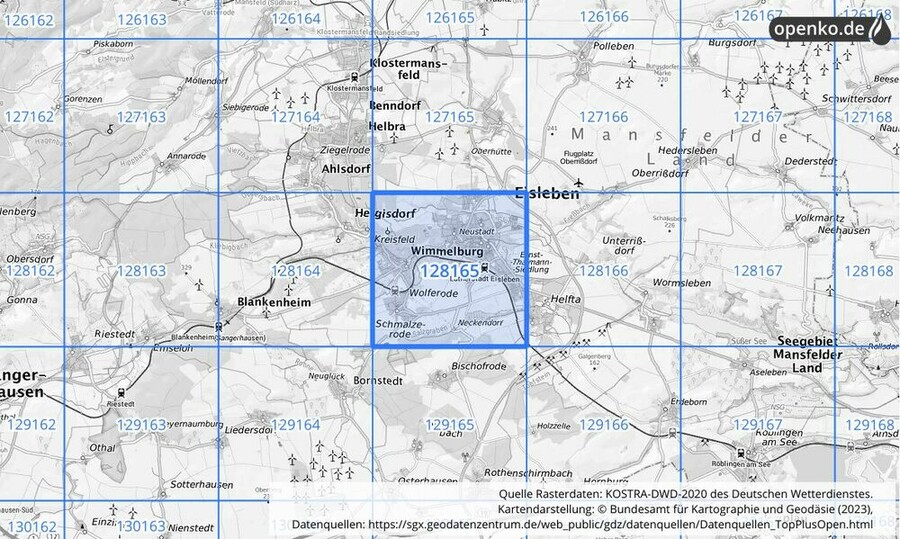 Übersichtskarte des KOSTRA-DWD-2020-Rasterfeldes Nr. 128165