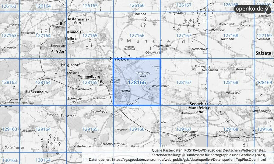 Übersichtskarte des KOSTRA-DWD-2020-Rasterfeldes Nr. 128166