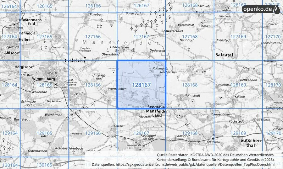 Übersichtskarte des KOSTRA-DWD-2020-Rasterfeldes Nr. 128167