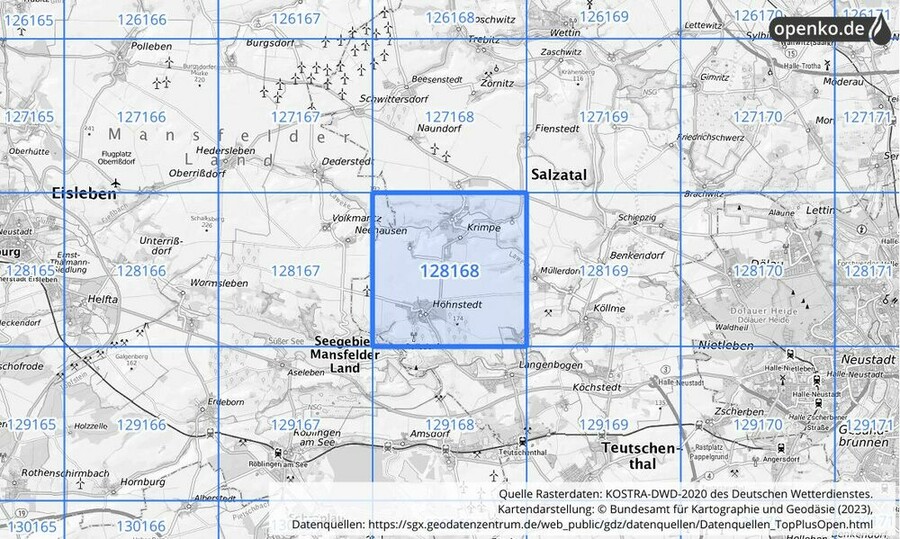 Übersichtskarte des KOSTRA-DWD-2020-Rasterfeldes Nr. 128168