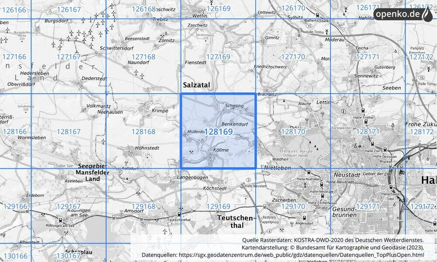 Übersichtskarte des KOSTRA-DWD-2020-Rasterfeldes Nr. 128169