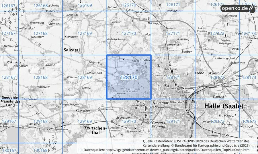 Übersichtskarte des KOSTRA-DWD-2020-Rasterfeldes Nr. 128170