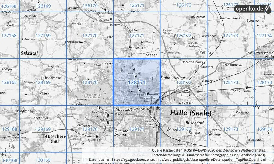 Übersichtskarte des KOSTRA-DWD-2020-Rasterfeldes Nr. 128171