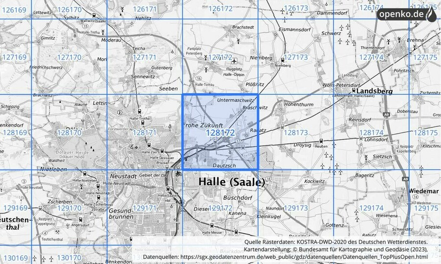 Übersichtskarte des KOSTRA-DWD-2020-Rasterfeldes Nr. 128172
