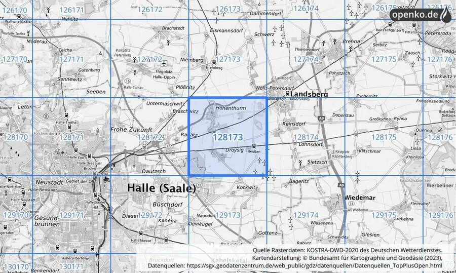 Übersichtskarte des KOSTRA-DWD-2020-Rasterfeldes Nr. 128173
