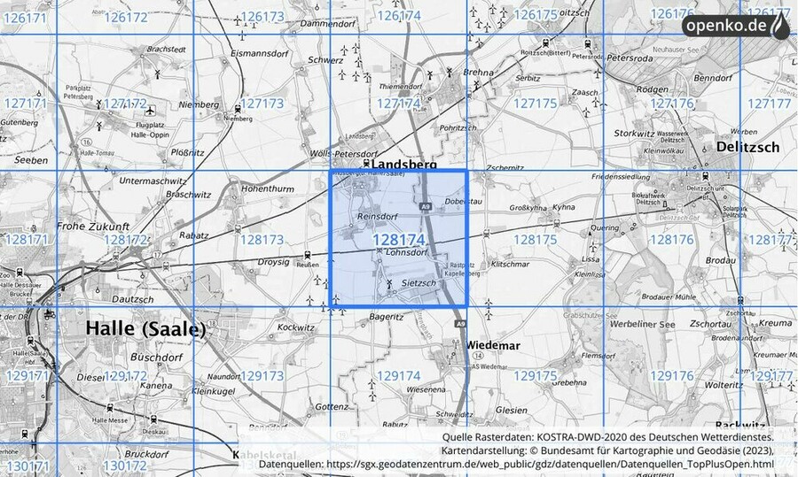 Übersichtskarte des KOSTRA-DWD-2020-Rasterfeldes Nr. 128174