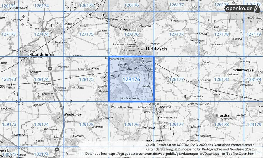 Übersichtskarte des KOSTRA-DWD-2020-Rasterfeldes Nr. 128176