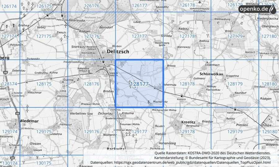 Übersichtskarte des KOSTRA-DWD-2020-Rasterfeldes Nr. 128177