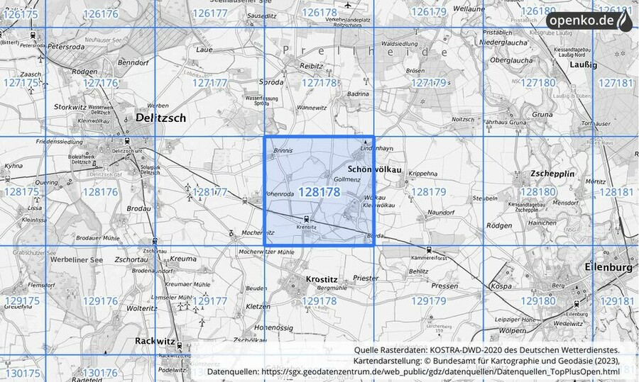 Übersichtskarte des KOSTRA-DWD-2020-Rasterfeldes Nr. 128178