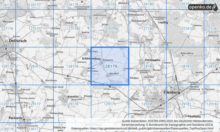 Übersichtskarte des KOSTRA-DWD-2020-Rasterfeldes Nr. 128179