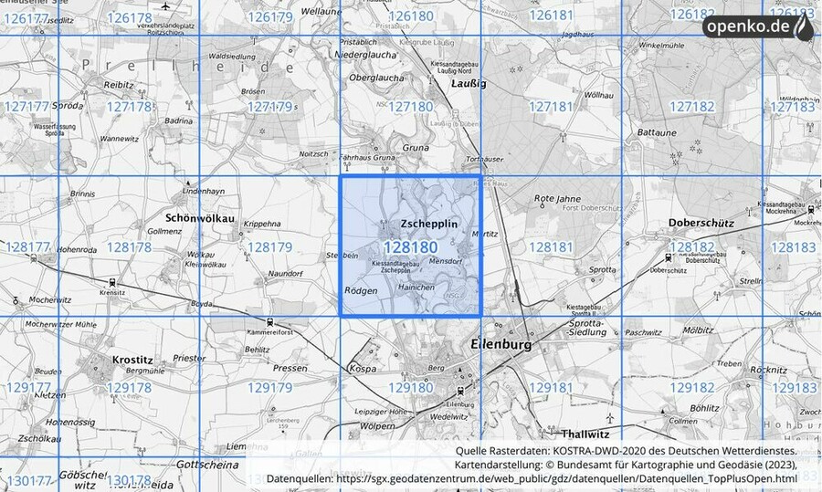 Übersichtskarte des KOSTRA-DWD-2020-Rasterfeldes Nr. 128180