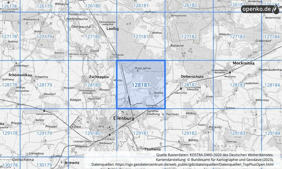 Übersichtskarte des KOSTRA-DWD-2020-Rasterfeldes Nr. 128181