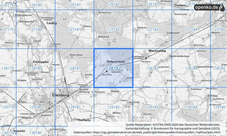 Übersichtskarte des KOSTRA-DWD-2020-Rasterfeldes Nr. 128182