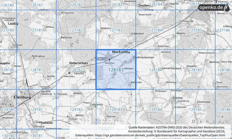 Übersichtskarte des KOSTRA-DWD-2020-Rasterfeldes Nr. 128183