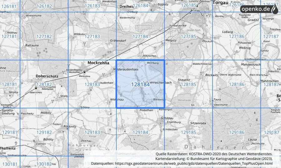 Übersichtskarte des KOSTRA-DWD-2020-Rasterfeldes Nr. 128184