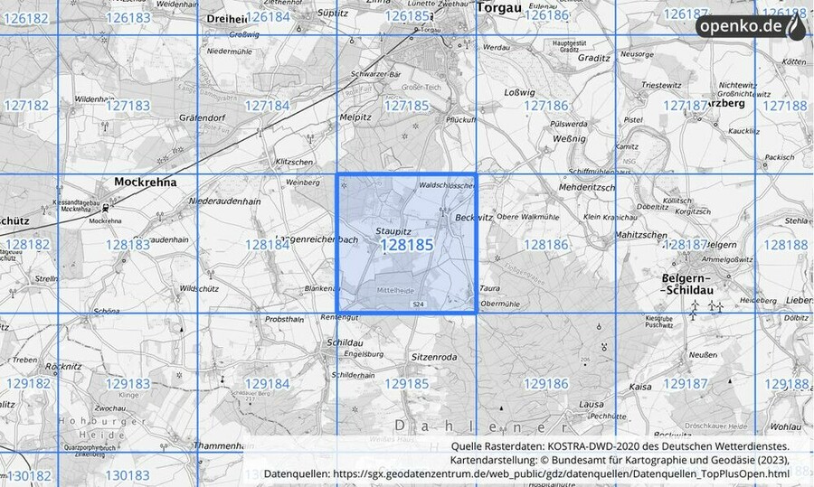 Übersichtskarte des KOSTRA-DWD-2020-Rasterfeldes Nr. 128185