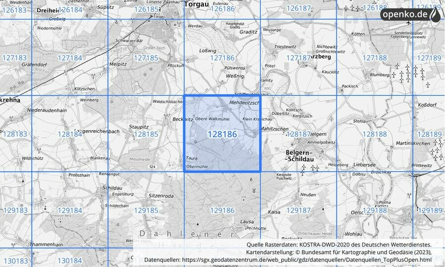 Übersichtskarte des KOSTRA-DWD-2020-Rasterfeldes Nr. 128186